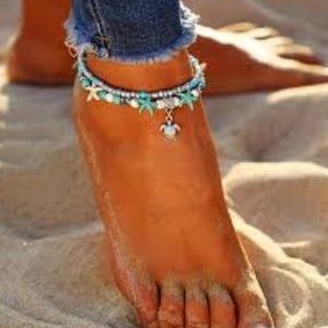 Boho Ankle Bracelet Beaded Turquoise Turtle Charm
